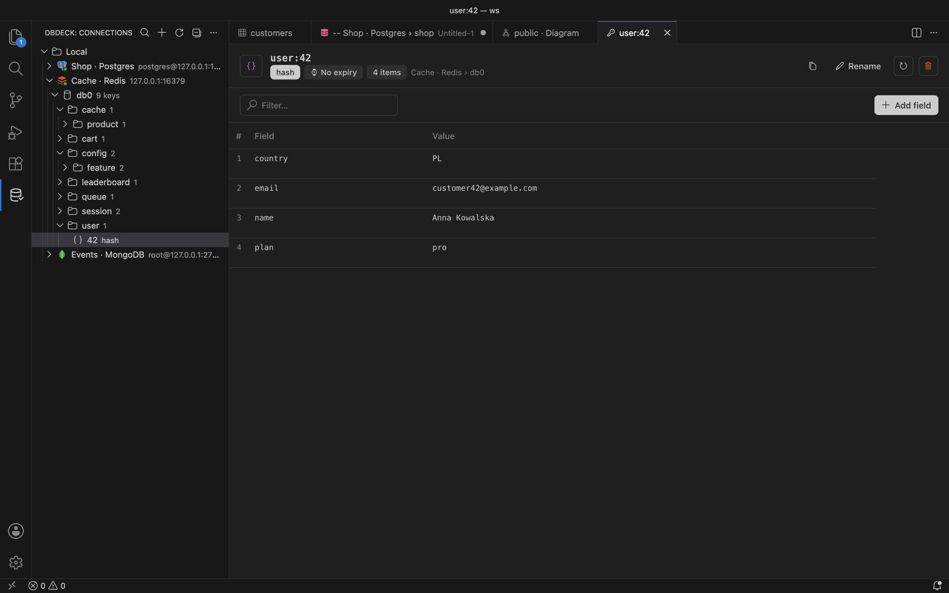 Redis key tree grouped by prefix and the hash editor for user:42